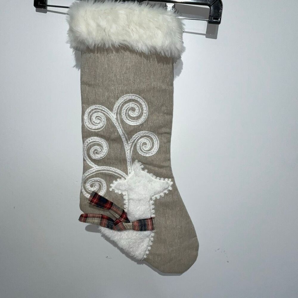Christmas Stocking Tan Burlap Style White Reindeer Faux Fur Trim Plaid Bow Decor